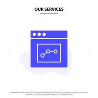 nuestros servicios análisis interfaz de comunicación usuario icono de glifo sólido plantilla de tarjeta web vector