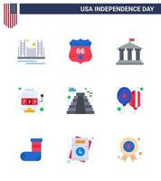 USA Independence Day Flat Set of 9 USA Pictograms of game machine usa casino american Editable USA Day Vector Design Elements