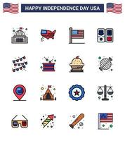 Group of 16 Flat Filled Lines Set for Independence day of United States of America such as buntings american usa shield usa Editable USA Day Vector Design Elements