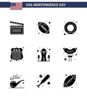 Pack of 9 USA Independence Day Celebration Solid Glyphs Signs and 4th July Symbols such as space landmark donut building investigating Editable USA Day Vector Design Elements