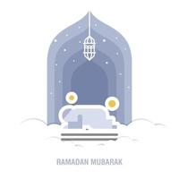 Ramadan Kareem islamic design crescent moon and mosque dome silhouette with arabic pattern and calligraphy vector