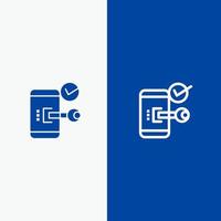 bloqueo de teclas teléfono móvil abierto línea de seguridad y glifo icono sólido banner azul línea y glifo icono sólido banner azul vector