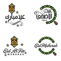 Set of 4 Vectors Eid Mubarak Happy Eid for You In Arabic Calligraphy Style Curly Script with Stars Lamp moon