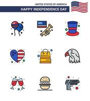 Happy Independence Day 9 Flat Filled Lines Icon Pack for Web and Print money usa american flag heart Editable USA Day Vector Design Elements