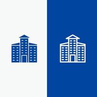 edificio ciudad línea de construcción y glifo icono sólido bandera azul línea y glifo icono sólido bandera azul vector