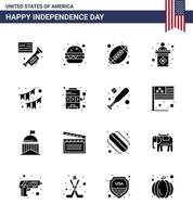 Set of 16 Modern Solid Glyphs pack on USA Independence Day decoration american rugby sign election Editable USA Day Vector Design Elements