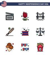 USA Happy Independence DayPictogram Set of 9 Simple Flat Filled Lines of day sports bridge bat ball Editable USA Day Vector Design Elements