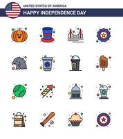 Group of 16 Flat Filled Lines Set for Independence day of United States of America such as bird flag gate badge american Editable USA Day Vector Design Elements