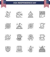 Happy Independence Day 4th July Set of 16 Lines American Pictograph of security usa dessert flag day Editable USA Day Vector Design Elements