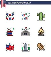 Set of 9 Vector Flat Filled Lines on 4th July USA Independence Day such as landmark building american place independence Editable USA Day Vector Design Elements