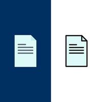iconos de informe de datos de texto de archivo plano y conjunto de iconos llenos de línea vector fondo azul