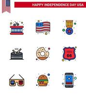 Big Pack of 9 USA Happy Independence Day USA Vector Flat Filled Lines and Editable Symbols of food round medal donut music Editable USA Day Vector Design Elements