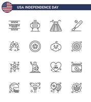 conjunto de 16 líneas vectoriales el 4 de julio, día de la independencia de estados unidos, como el vino, hito de estados unidos, deportes, béisbol, elementos de diseño vectorial editables del día de estados unidos vector