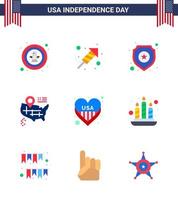 Set of 9 Modern Flats pack on USA Independence Day heart american day map sign Editable USA Day Vector Design Elements