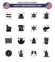 Pack of 16 creative USA Independence Day related Solid Glyphs of foam hand hip badge flask alcoholic Editable USA Day Vector Design Elements