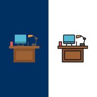 Computer Desk Desktop Monitor Office Place Table  Icons Flat and Line Filled Icon Set Vector Blue Background