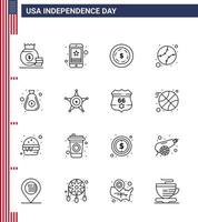 conjunto de 16 iconos del día de los ee.uu. símbolos americanos signos del día de la independencia por dinero estados unidos del teléfono elementos de diseño del vector del día de los ee.uu. editables americanos