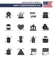 Solid Glyph Pack of 16 USA Independence Day Symbols of eat usa garland hat american Editable USA Day Vector Design Elements