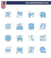 USA Independence Day Blue Set of 16 USA Pictograms of star usa america flag american weapon Editable USA Day Vector Design Elements