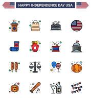 USA Happy Independence DayPictogram Set of 16 Simple Flat Filled Lines of christmas usa drum thanksgiving american Editable USA Day Vector Design Elements