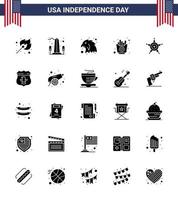 Solid Glyph Pack of 25 USA Independence Day Symbols of police chips washington fries fast Editable USA Day Vector Design Elements