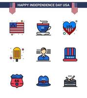 9 Flat Filled Line Signs for USA Independence Day cap flag love american ice cream Editable USA Day Vector Design Elements