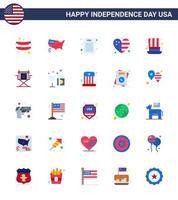 Modern Set of 25 Flats and symbols on USA Independence Day such as usa hat declaration of independence day flag Editable USA Day Vector Design Elements