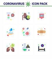 conjunto de iconos covid19 para el paquete infográfico de 9 colores planos, como el virus médico de las drogas, las manos, el cuidado de la salud, el coronavirus viral 2019nov, los elementos de diseño del vector de la enfermedad