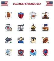 Flat Filled Line Pack of 16 USA Independence Day Symbols of money dollar bottle tent camp Editable USA Day Vector Design Elements