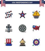 feliz día de la independencia 9 líneas planas rellenas paquete de iconos para web e imprimir american play muffin movis elementos de diseño vectorial del día de estados unidos editables vector