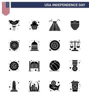 Set of 16 Vector Solid Glyphs on 4th July USA Independence Day such as star shield landmark usa shield Editable USA Day Vector Design Elements