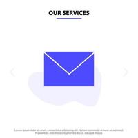 nuestros servicios sms masaje correo arena glifo sólido icono plantilla de tarjeta web vector