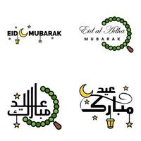 Happy Eid Mubarak Hand Letter Typography Greeting Swirly Brush Typeface Pack Of 4 Greetings with Shining Stars and Moon vector