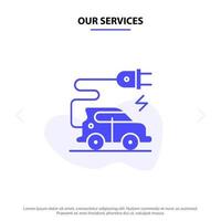 Our Services Automotive Technology Electric Car Electric Vehicle Solid Glyph Icon Web card Template vector