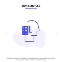 nuestros servicios lista humana persona programar tareas icono de glifo sólido plantilla de tarjeta web vector