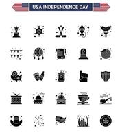 25 USA Solid Glyph Signs Independence Day Celebration Symbols of sausage food ice hockey flying kite Editable USA Day Vector Design Elements