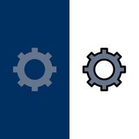 conjunto de iconos de engranaje de configuración de cog plano y fondo azul de vector de conjunto de iconos llenos de línea