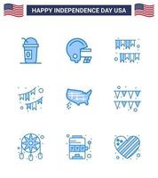 Big Pack of 9 USA Happy Independence Day USA Vector Blues and Editable Symbols of map party garland decoration american Editable USA Day Vector Design Elements