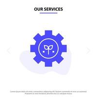 Our Services Environment Plant Gear Setting Solid Glyph Icon Web card Template vector