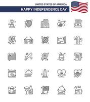 Big Pack of 25 USA Happy Independence Day USA Vector Lines and Editable Symbols of holiday hat american cap weapon Editable USA Day Vector Design Elements