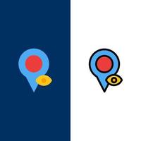 iconos de puntero de mapa de ubicación de ojo plano y conjunto de iconos llenos de línea vector fondo azul