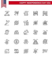 Group of 25 Lines Set for Independence day of United States of America such as entrance saloon america flag doors shop Editable USA Day Vector Design Elements