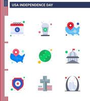 Happy Independence Day Pack of 9 Flats Signs and Symbols for building states map baseball location pin Editable USA Day Vector Design Elements