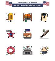 feliz día de la independencia usa paquete de 9 líneas creativas planas llenas de invitación del festival de la independencia usa american editable usa day elementos de diseño vectorial vector