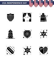 Pack of 9 creative USA Independence Day related Solid Glyphs of star shield bag usa chrysler Editable USA Day Vector Design Elements