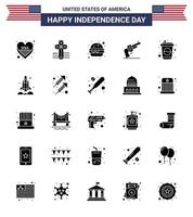 feliz día de la independencia 25 paquete de iconos de glifos sólidos para web e imprimir gaseosa cola comida rápida botella arma elementos editables de diseño vectorial del día de EE. UU. vector