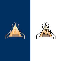 Camp Tent Camping  Icons Flat and Line Filled Icon Set Vector Blue Background