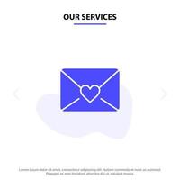 nuestros servicios correo amor corazón sólido glifo icono plantilla de tarjeta web vector