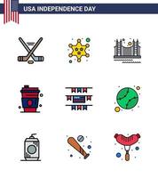 conjunto de 9 líneas planas vectoriales llenas el 4 de julio, día de la independencia de estados unidos, como el puente de bebida de estados unidos, turismo de alcohol, elementos de diseño vectorial editables del día de estados unidos vector