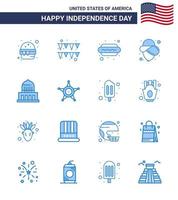 Modern Set of 16 Blues and symbols on USA Independence Day such as usa city dog building cowboy Editable USA Day Vector Design Elements